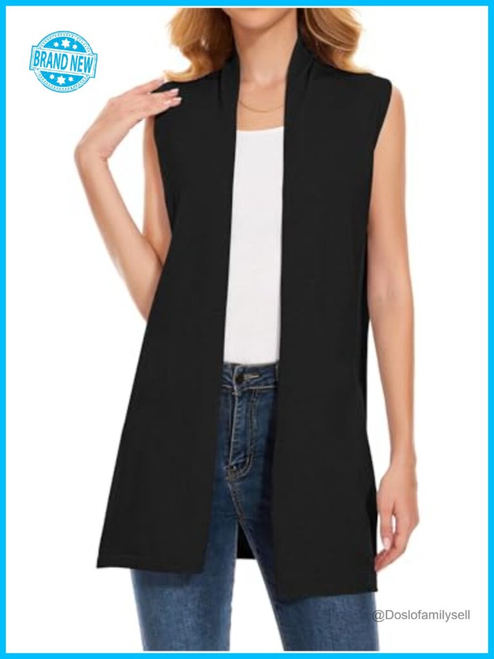 Long Sleeveless Knit Cardigan Vest Open Front Waterfall Collar Sweater